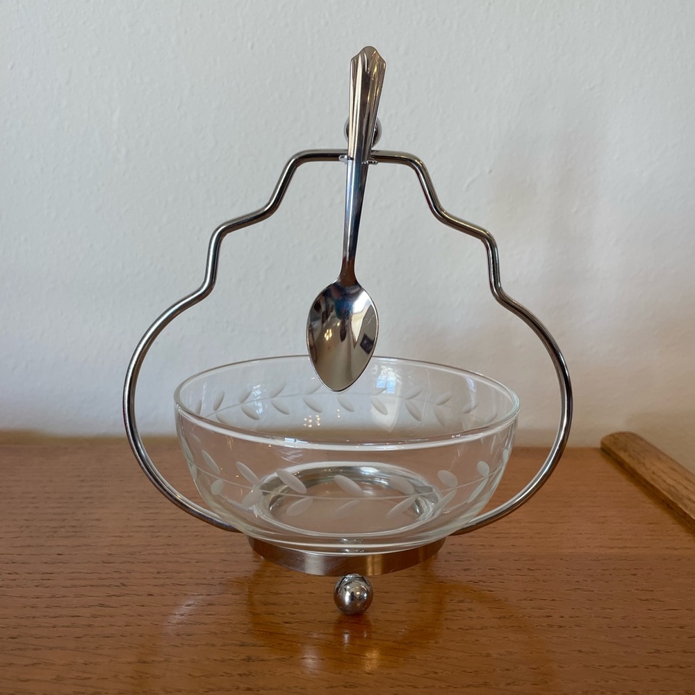 Vintage Etched Glass Serving Bowl with Silver-Tone Stand and Spoon